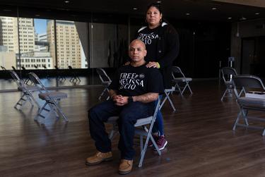 John Lucio and his wife, Michelle Lucio, pose for a portrait inside Dallas City Hall after a press conference on April 8, 2022. The family is traveling the state and joining state representatives and supporters in fighting for Melissa Lucio's freedom.